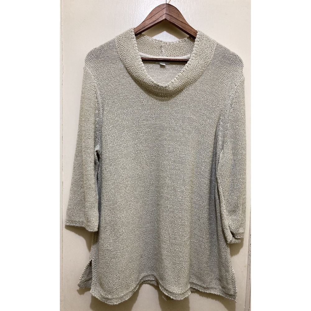 Pure Jill Womens Sweater XL Beige Gold Ribbon Knit Cowl Neck 3/4 Sleeve Pullover